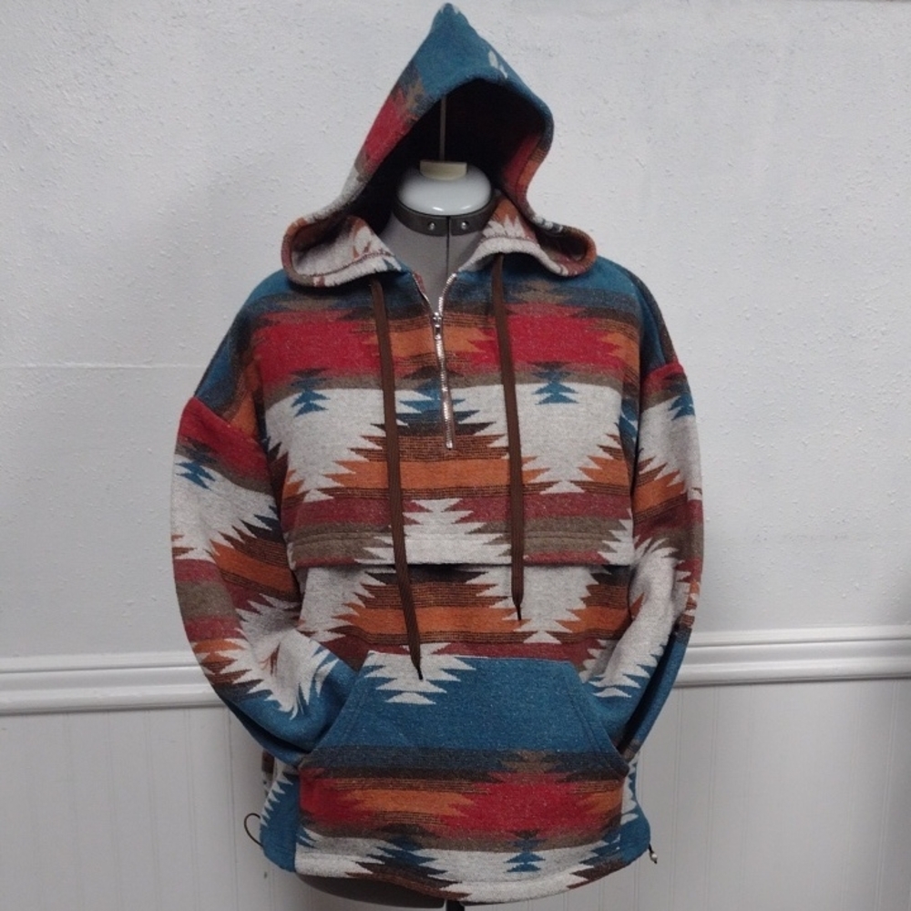 My Story Women's Southwenstern Azteca Bohemian Multicolor Geometric Hoodie